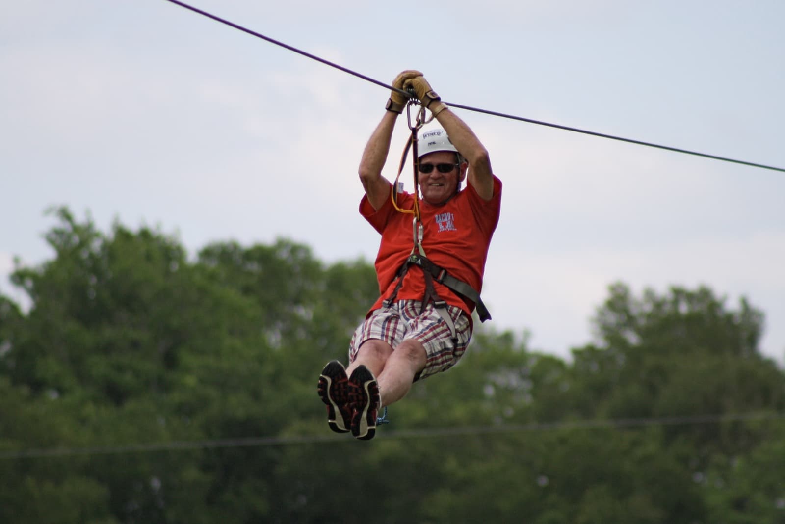 A zip-line cable strung between two tall trees in a rainforest