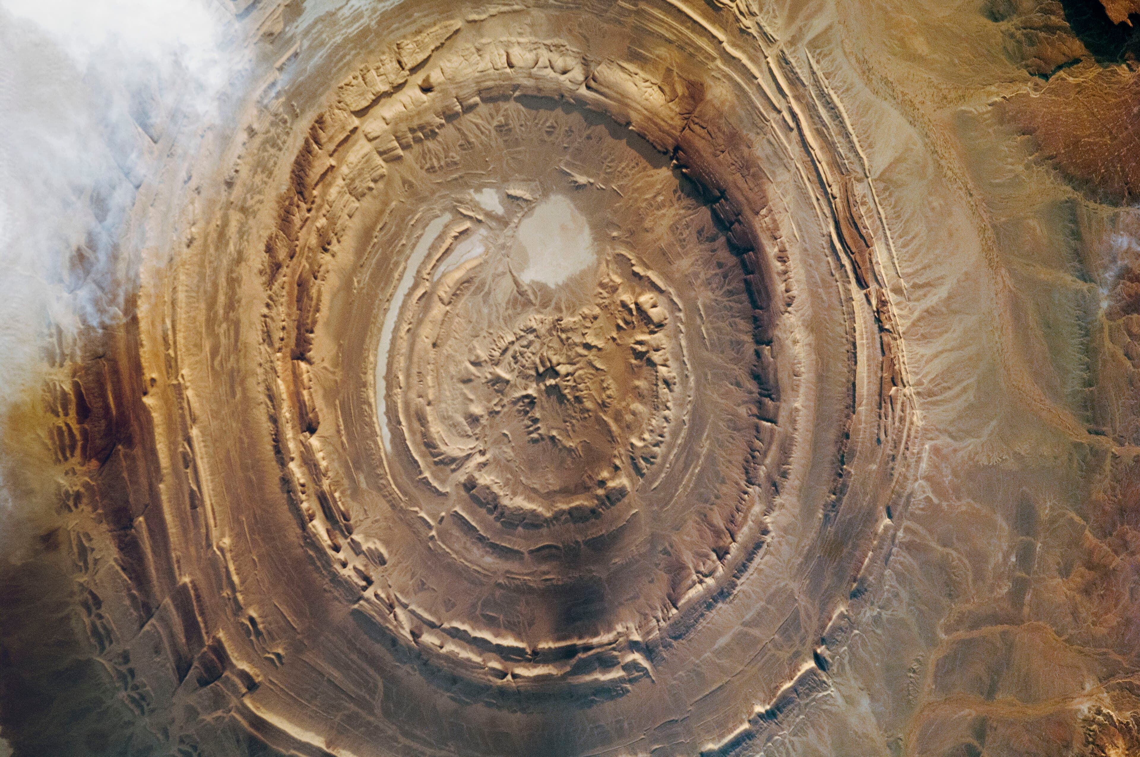 Aerial view of the Richat Structure showing its giant circular rings in the Saharan rock