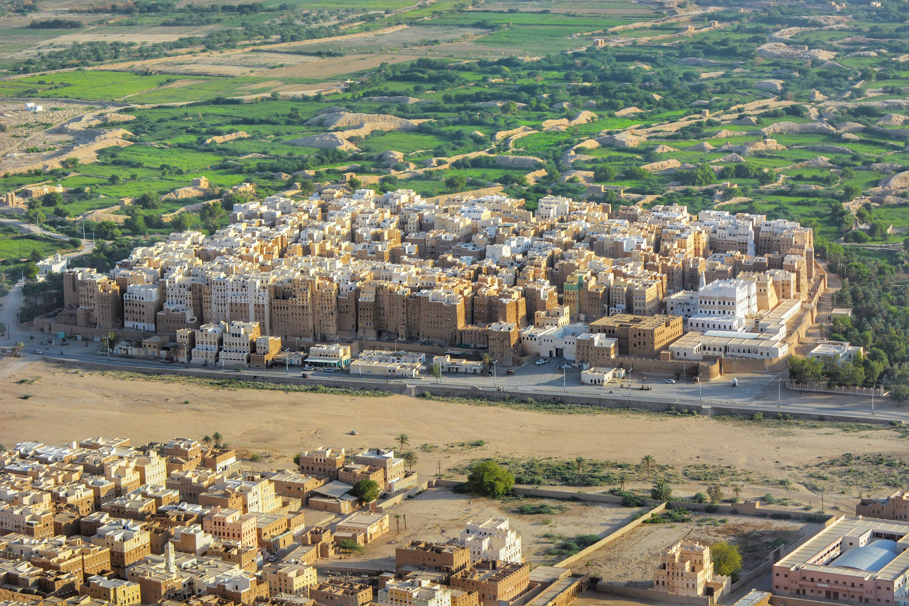 The densely packed mud-brick tower buildings of Shibam rising from the desert wadi