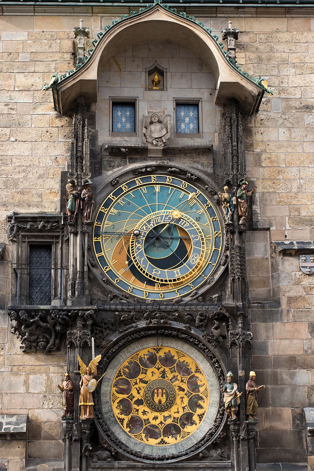 The ornate Prague Astronomical Clock on the Old Town Hall tower
