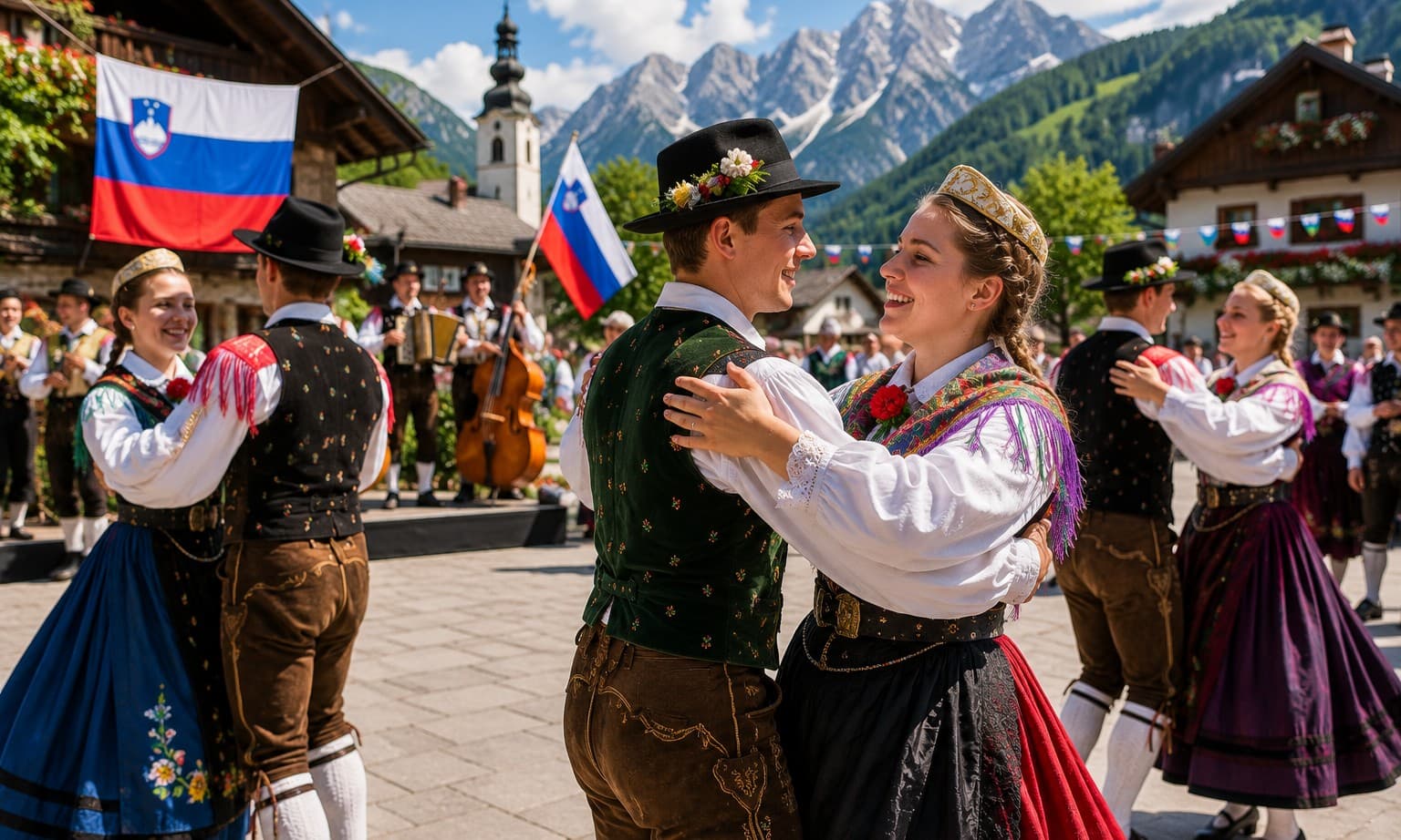 Dancers in Slovenian folk costumes performing a circle dance